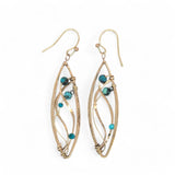 A pair of dangle bronze marquise earrings featuring hammered bronze and gold-filled designs with tiny faceted turquoise and chrysocolla gemstones.