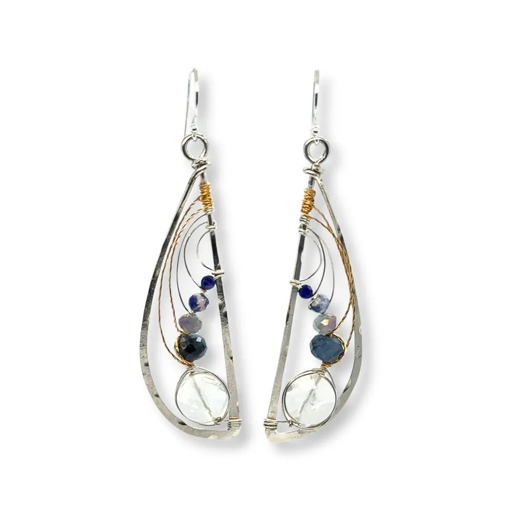 Sterling silver hammered wing earrings with quartz coin, aquamarine, crystal, and sodalite faceted gemstones with brass twist accents