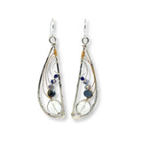 Sterling silver hammered wing earrings with quartz coin, aquamarine, crystal, and sodalite faceted gemstones with brass twist accents