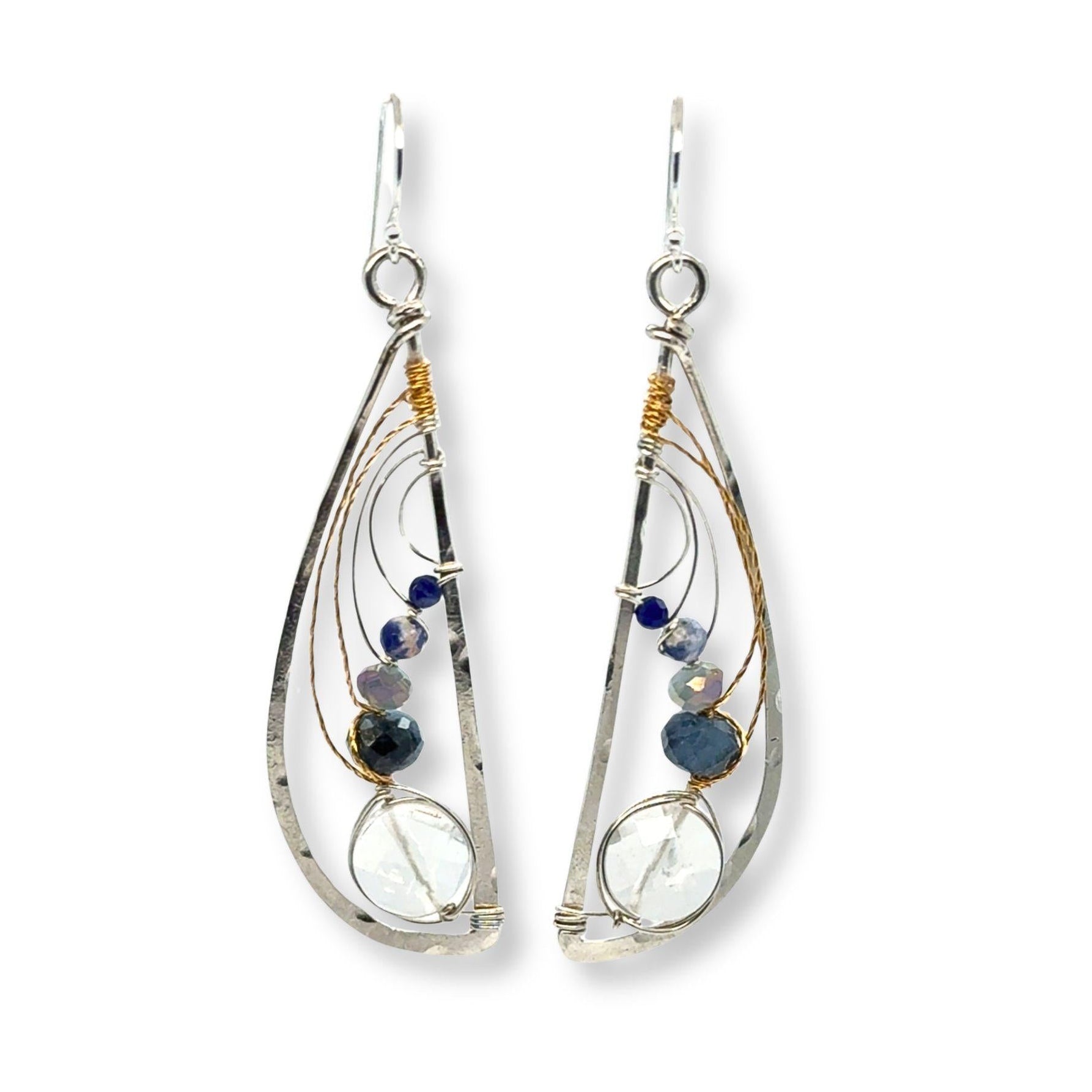 Sterling silver hammered wing earrings with quartz coin, aquamarine, crystal, and sodalite faceted gemstones with brass twist accents