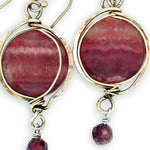 Red striped agate coins are held in hammered bronze wire earrings with garnet and gold filled accents