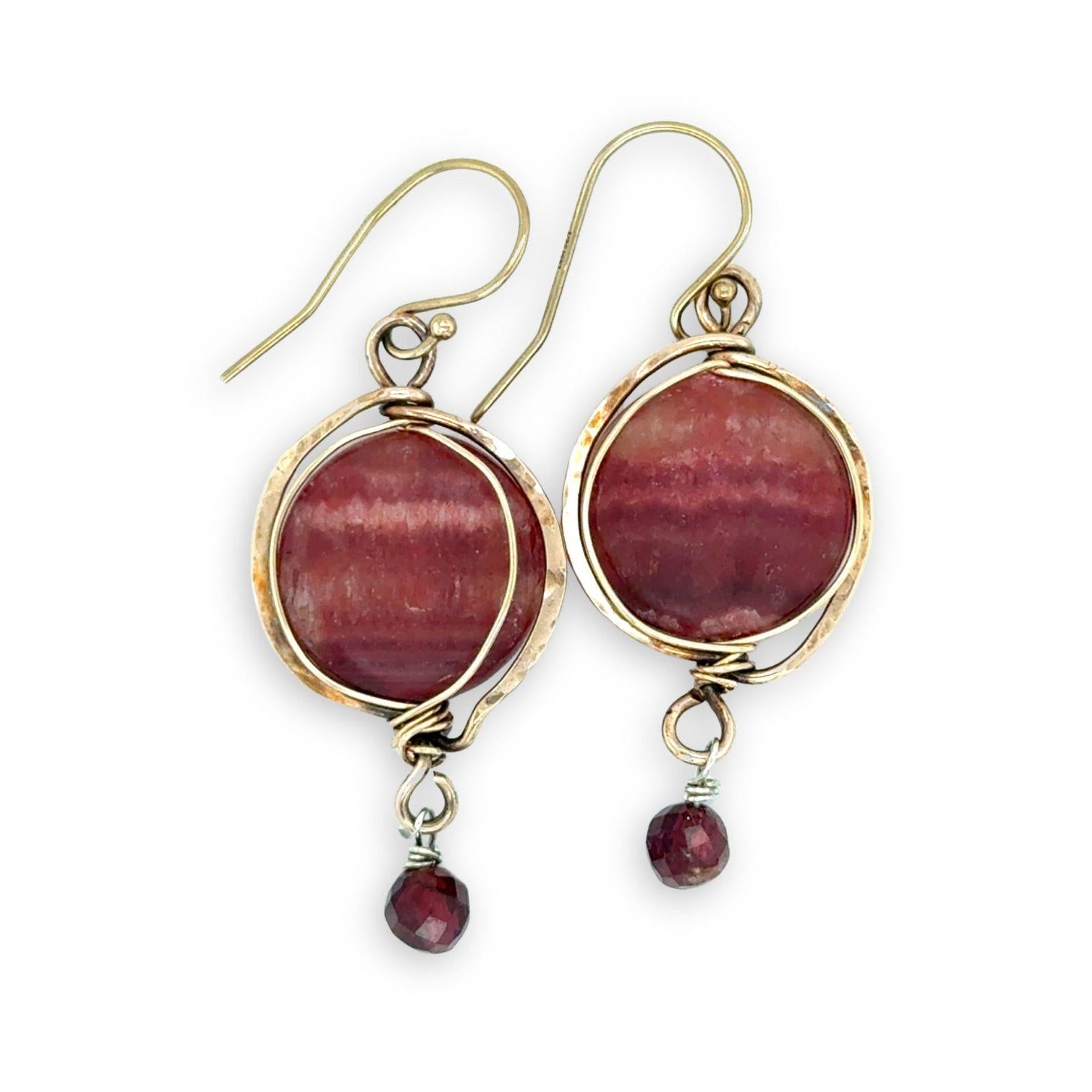Red striped agate coins are held in hammered bronze wire earrings with garnet and gold filled accents
