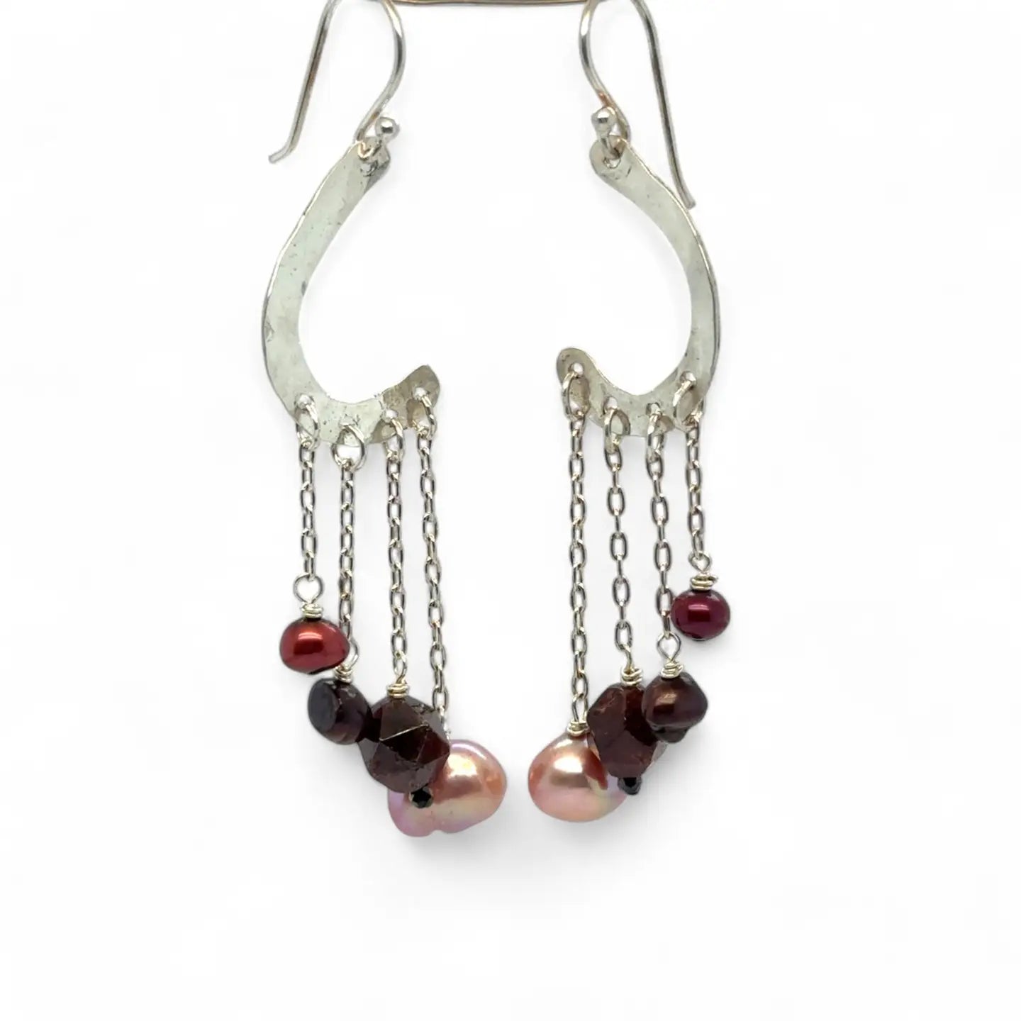 Sterling silver cascade earrings with garnet, red fresh water pearl and pink fresh water pearl drops