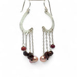 Sterling silver cascade earrings with garnet, red fresh water pearl and pink fresh water pearl drops