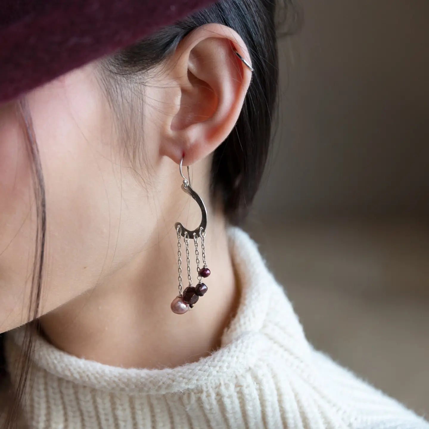 Sterling silver cascade earrings with garnet, red fresh water pearl and pink fresh water pearl drops