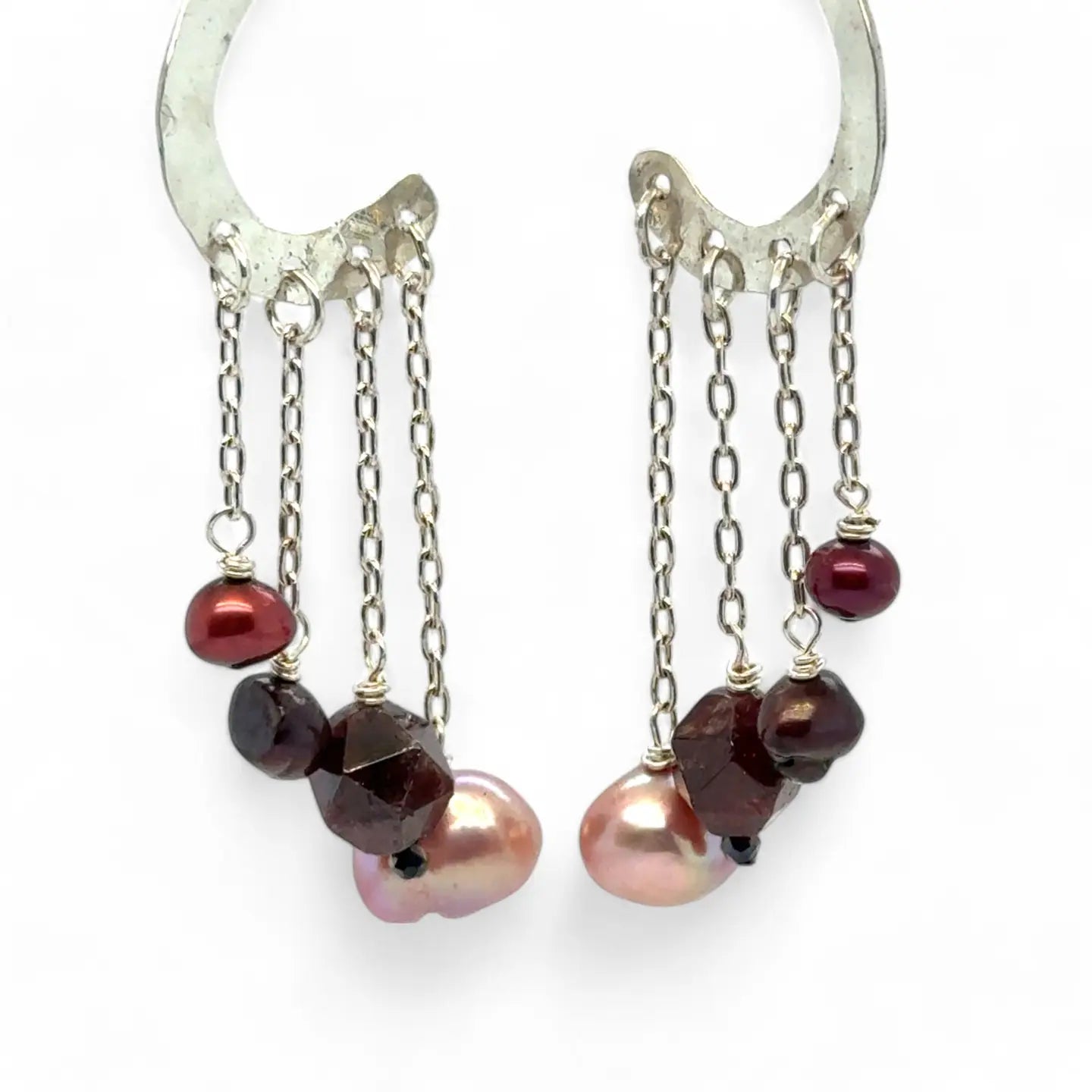 Sterling silver cascade earrings with garnet, red fresh water pearl and pink fresh water pearl drops