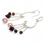 Sterling silver cascade earrings with garnet, red fresh water pearl and pink fresh water pearl drops