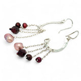 Sterling silver cascade earrings with garnet, red fresh water pearl and pink fresh water pearl drops