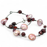 Oxidized sterling silver hoop earring with pink and deep red fresh water pearls and garnet gemstones