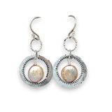 Handmade hammered and stamped sterling silver mini ring earrings with oxidized sterling silver twist rings holding a dangling champagne nude fresh water pearl coin