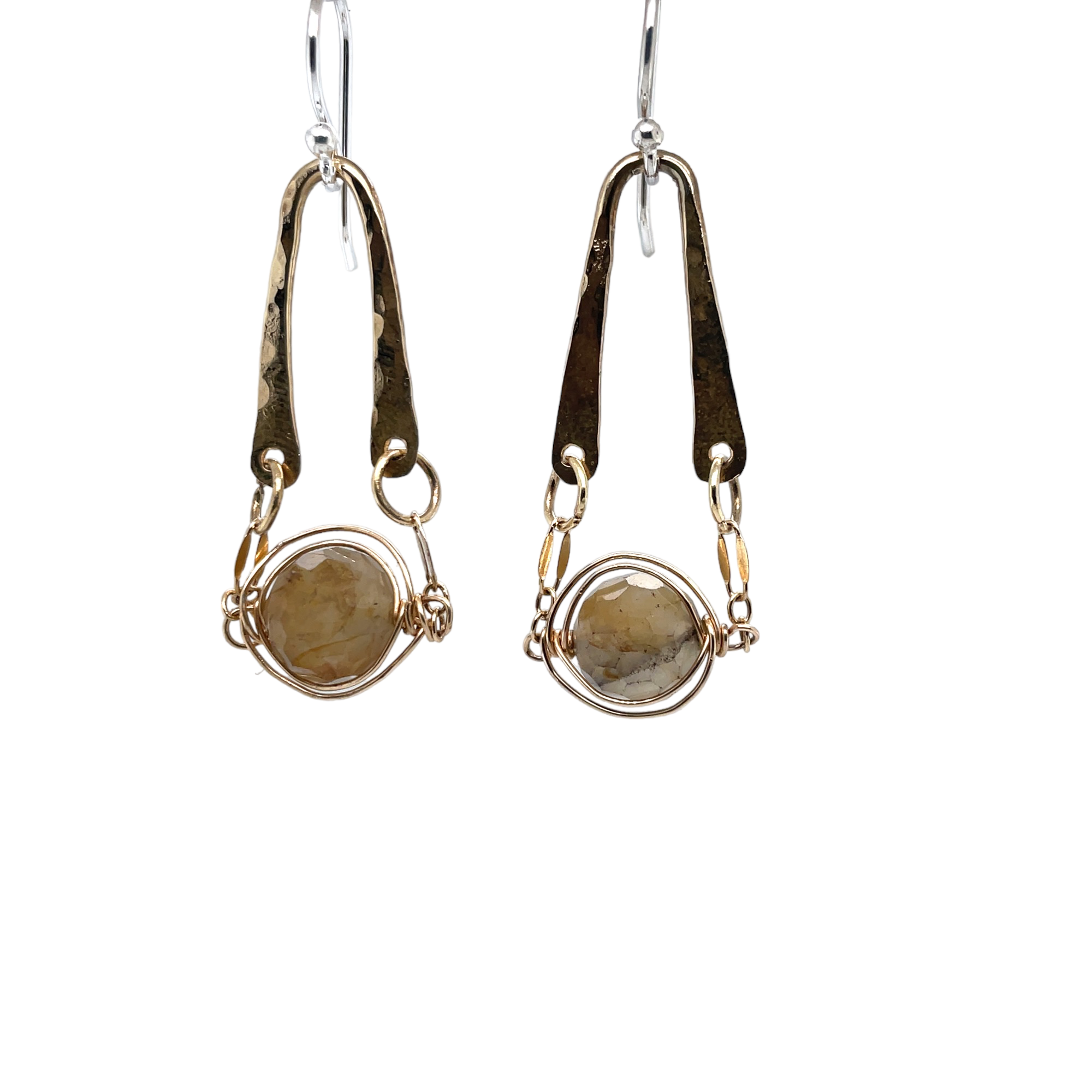 A pair of rutile quartz sphere earrings with gold filled wire on brass hammered arches