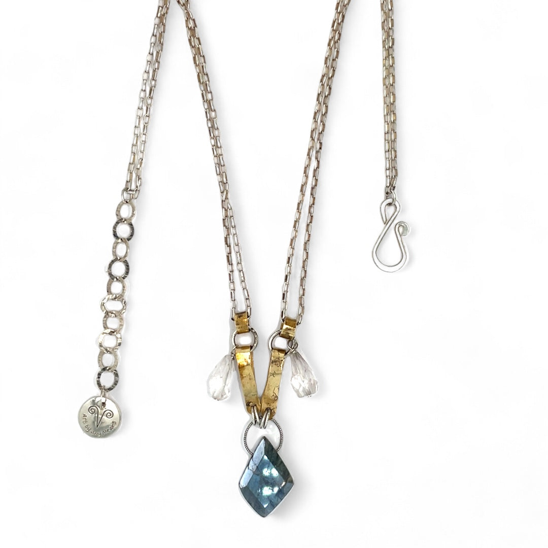 A necklace with a labradorite gemstone pendant, featuring handmade brass straps and rings with quartz drops on sterling silver box chain necklace