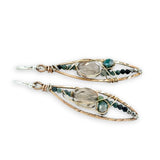 Bronze stamped marquise shaped earrings with smokey quartz, blue tourmaline, and green agate gemstones held within gold-filled wire