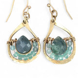 brass drop mini earrings filled with chalcedony and apatite gemstones surrounding moss agate faceted teardrop gemstones on gold filled wire