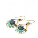 brass drop mini earrings filled with chalcedony and apatite gemstones surrounding moss agate faceted teardrop gemstones on gold filled wire