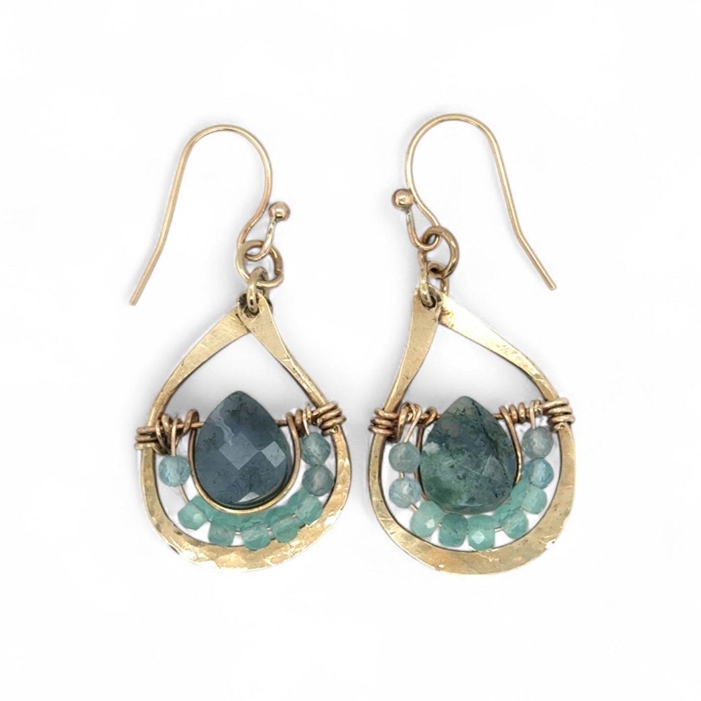brass drop mini earrings filled with chalcedony and apatite gemstones surrounding moss agate faceted teardrop gemstones on gold filled wire