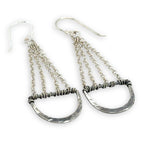 darkened hammered sterling semi circles hanging from layers of sterling silver delicate chain earrings