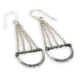 darkened hammered sterling semi circles hanging from layers of sterling silver delicate chain earrings