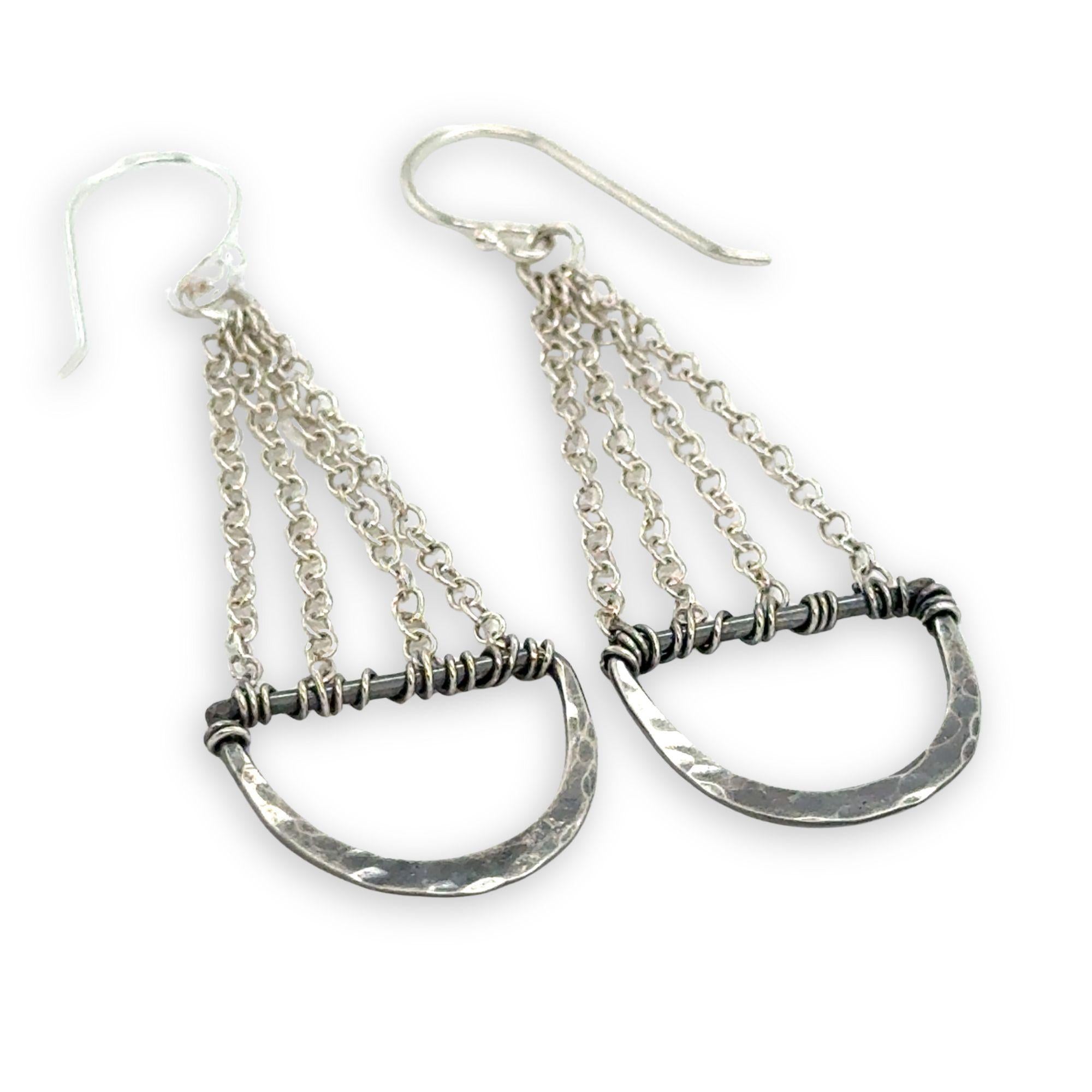 darkened hammered sterling semi circles hanging from layers of sterling silver delicate chain earrings
