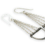 darkened hammered sterling semi circles hanging from layers of sterling silver delicate chain earrings