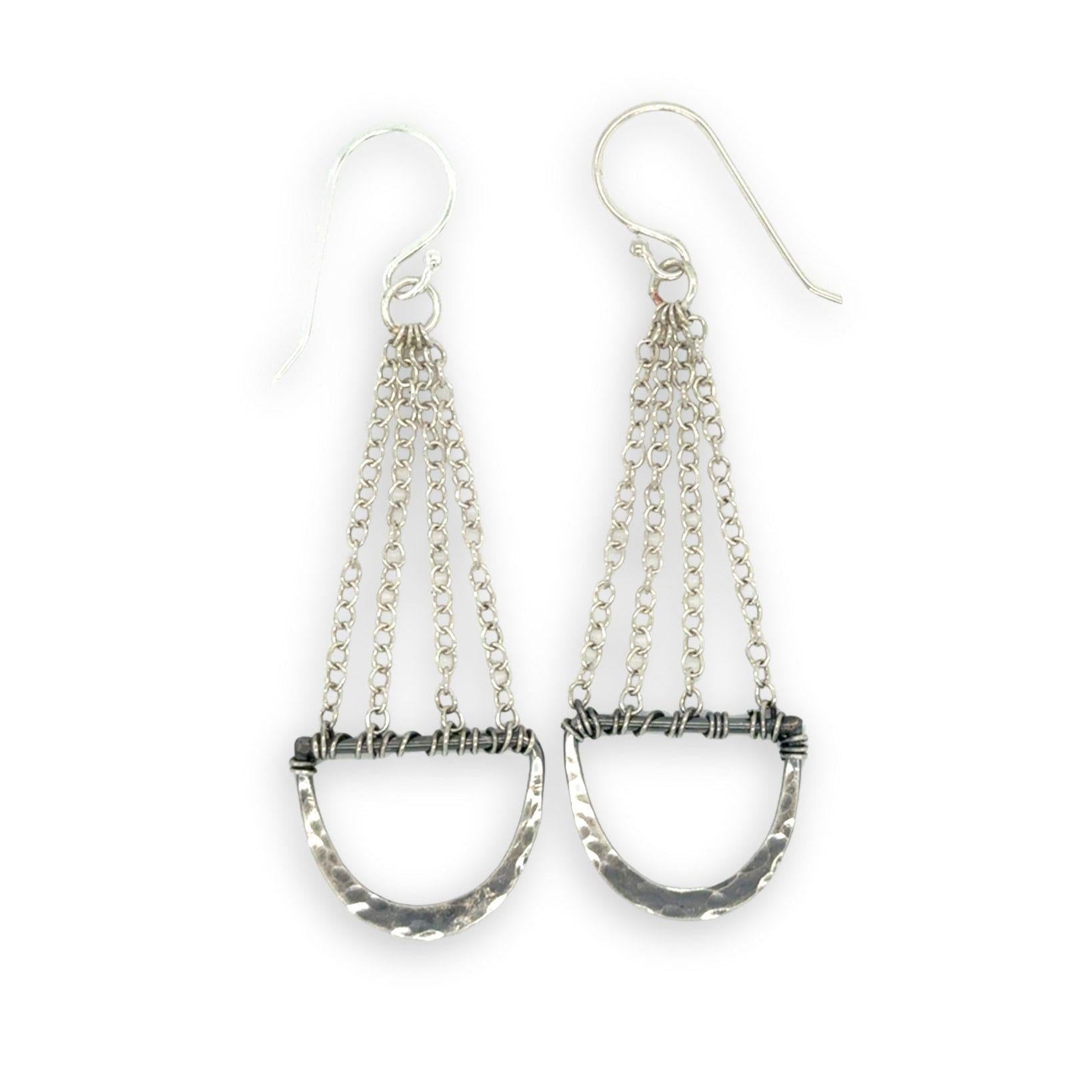 darkened hammered sterling semi circles hanging from layers of sterling silver delicate chain earrings