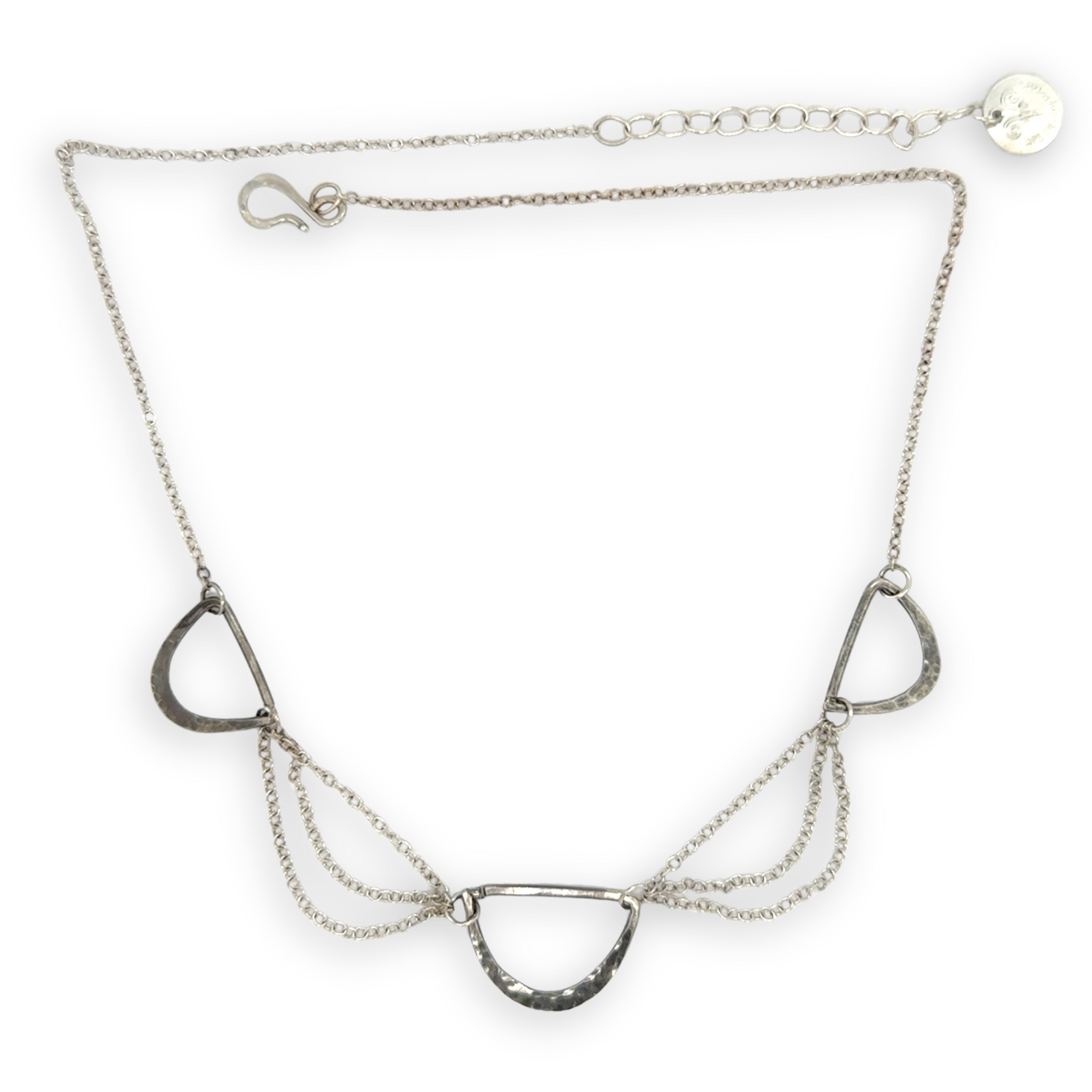 three darkened hammered sterling semi circles are interspersed with shiny sterling silver triple up delicate chain necklace
