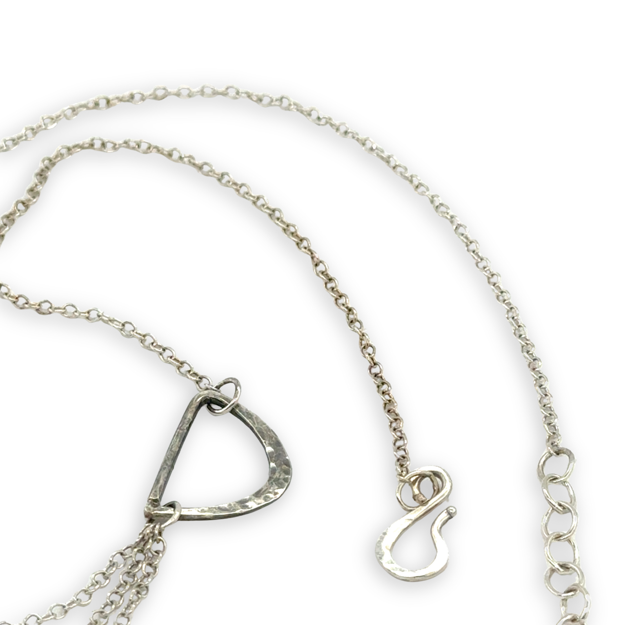 three darkened hammered sterling semi circles are interspersed with shiny sterling silver triple up delicate chain necklace