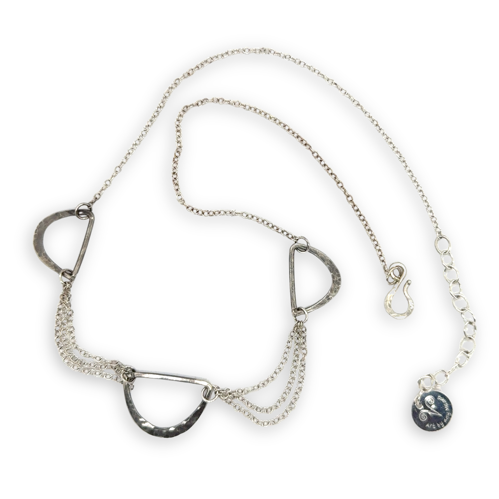 three darkened hammered sterling semi circles are interspersed with shiny sterling silver triple up delicate chain necklace