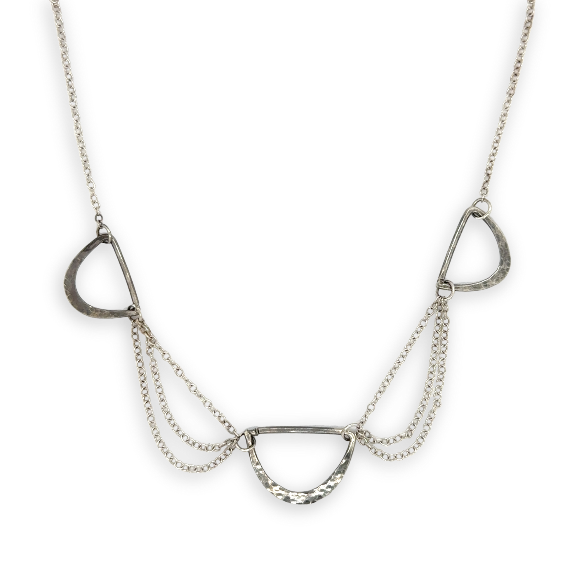 three darkened hammered sterling semi circles are interspersed with shiny sterling silver triple up delicate chain necklace