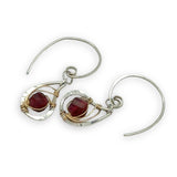 mini sterling silver hammered paisleys with garnet faceted gemstones in gold filled wire on our handmade sterling hoop hook earrings