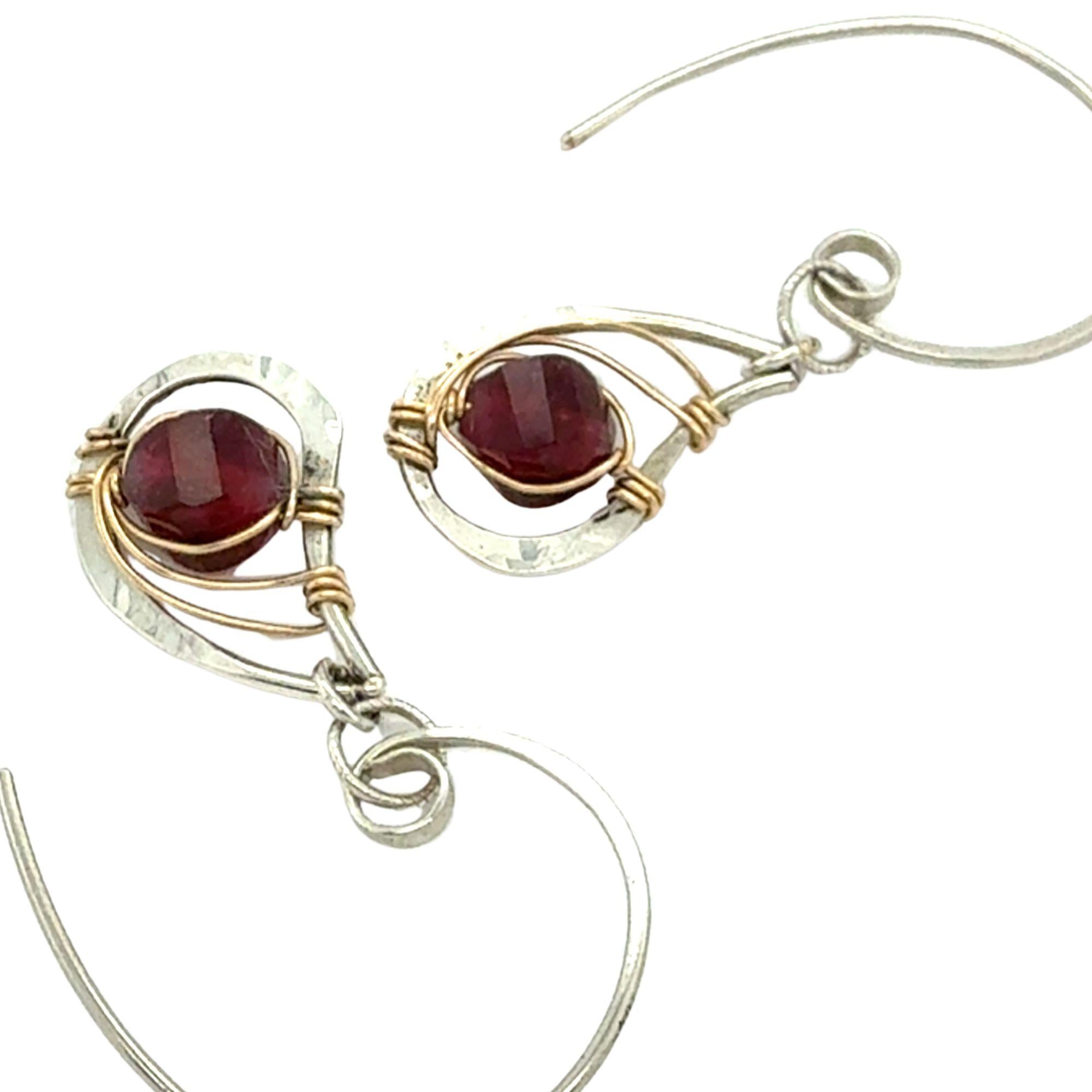 mini sterling silver hammered paisleys with garnet faceted gemstones in gold filled wire on our handmade sterling hoop hook earrings