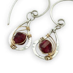 mini sterling silver hammered paisleys with garnet faceted gemstones in gold filled wire on our handmade sterling hoop hook earrings