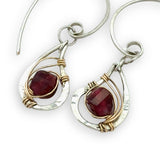 mini sterling silver hammered paisleys with garnet faceted gemstones in gold filled wire on our handmade sterling hoop hook earrings