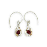 mini sterling silver hammered paisleys with garnet faceted gemstones in gold filled wire on our handmade sterling hoop hook earrings