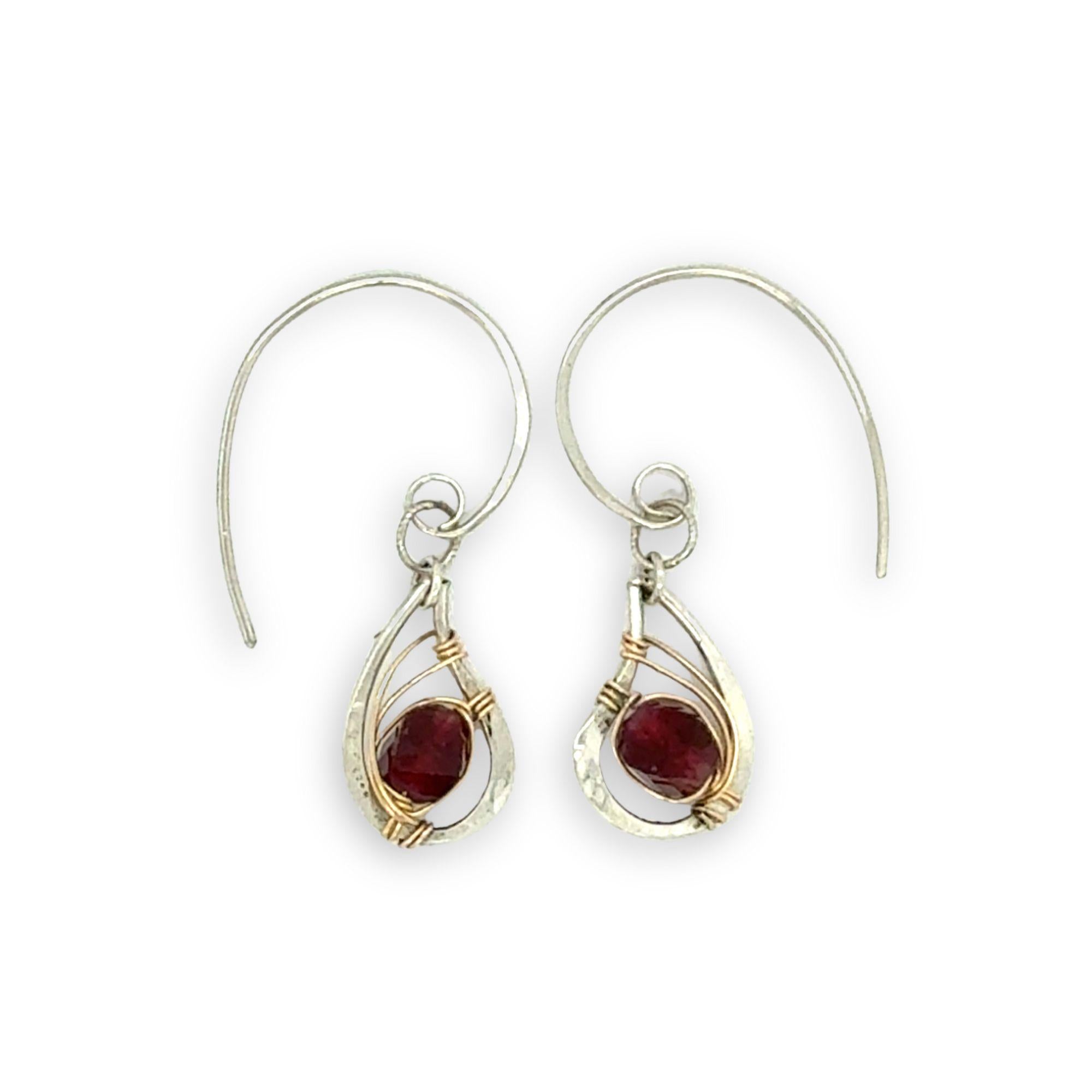 mini sterling silver hammered paisleys with garnet faceted gemstones in gold filled wire on our handmade sterling hoop hook earrings