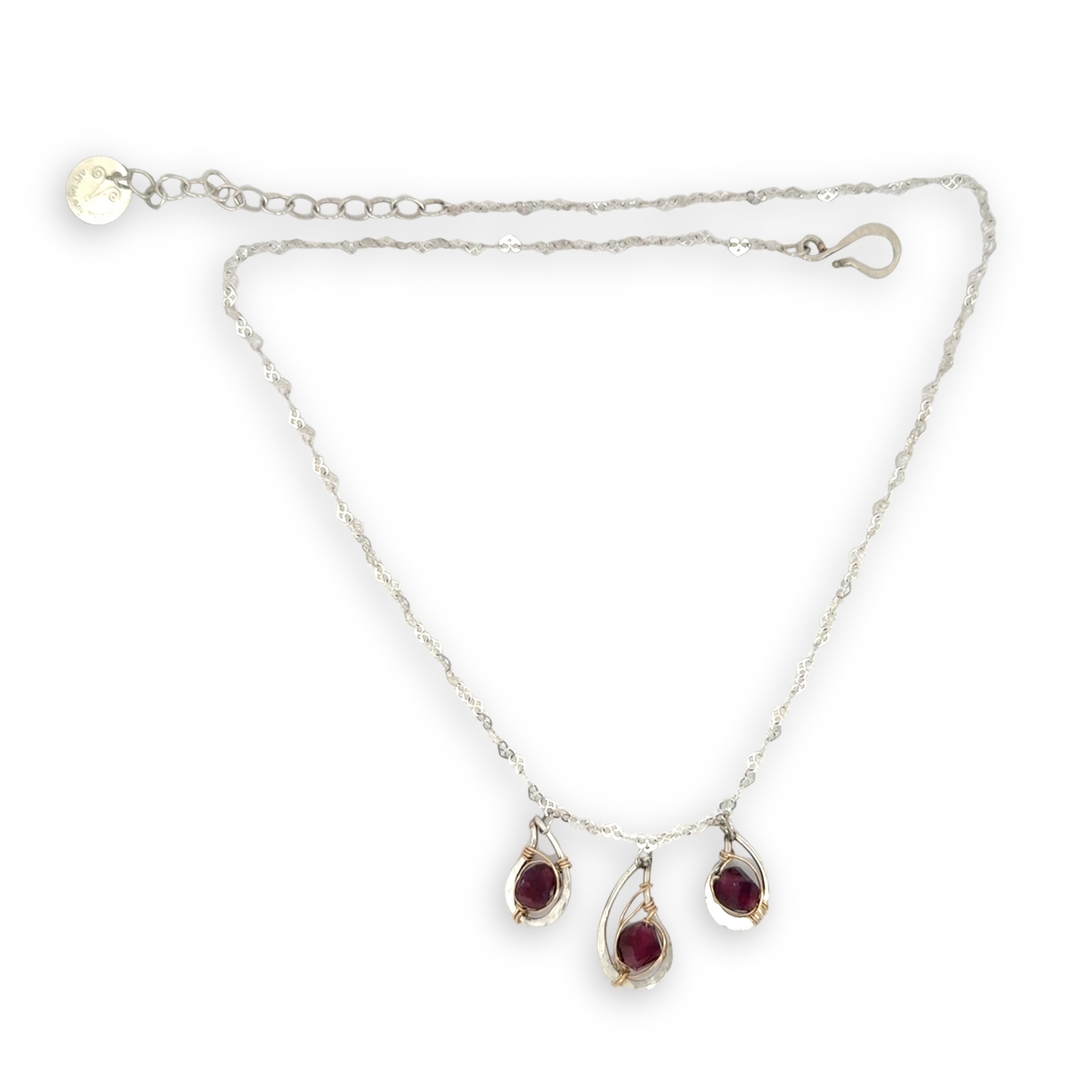 Sterling silver mini triple paisley pendant necklace with garnet faceted gemstones on a heart shaped delicate chain