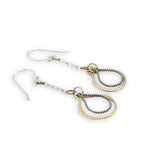 Hammered brass and oxidized sterling silver twist drop earrings on dainty chain