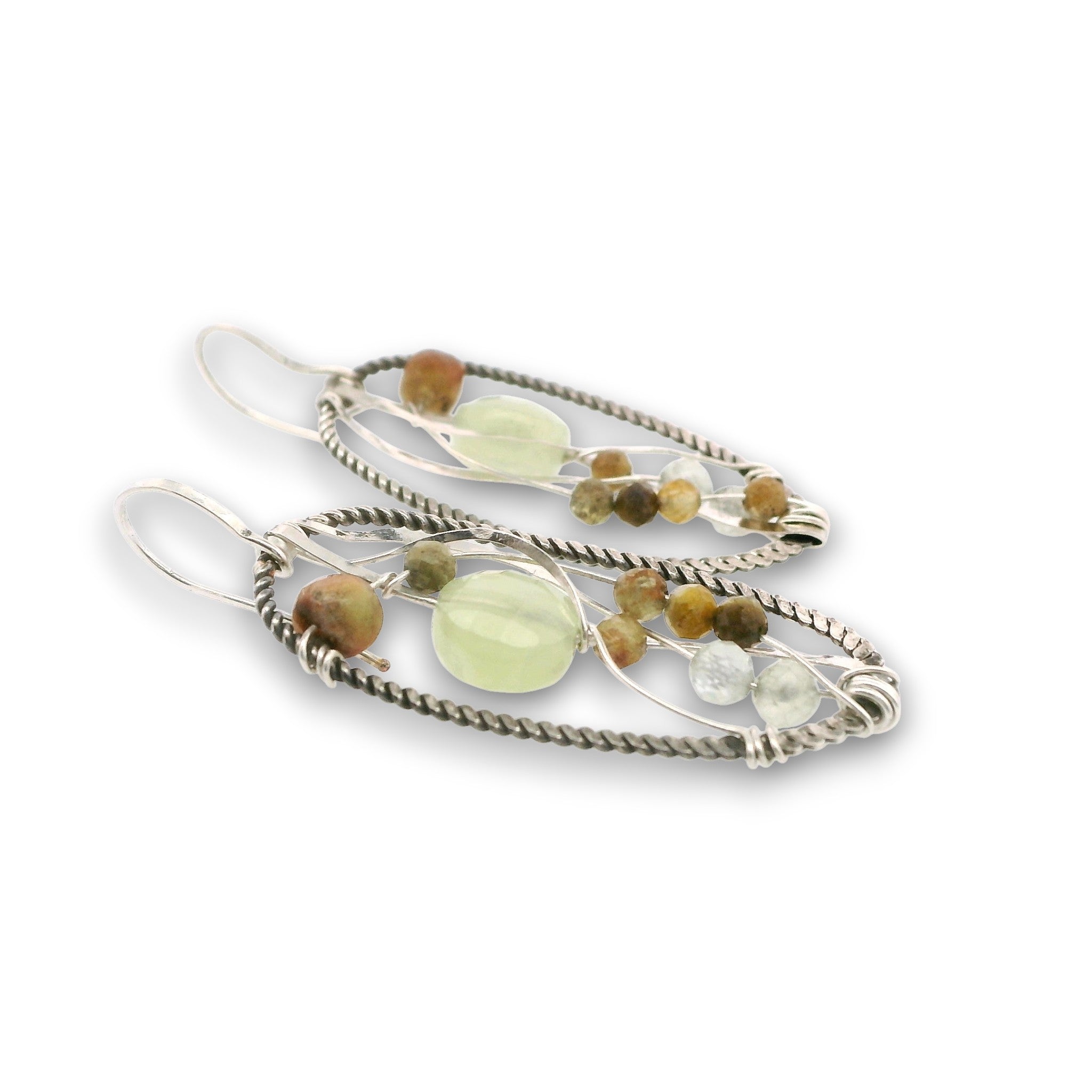 darkened sterling twist oval earrings with prehnite, chrysoprase, and green garnet gemstones on sterling silver wire with built in earring hooks