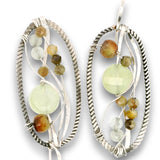 darkened sterling twist oval earrings with prehnite, chrysoprase, and green garnet gemstones on sterling silver wire with built in earring hooks