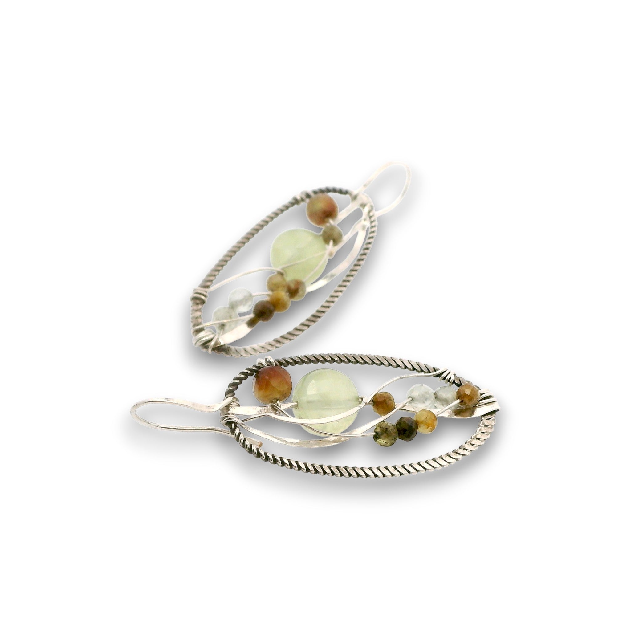 darkened sterling twist oval earrings with prehnite, chrysoprase, and green garnet gemstones on sterling silver wire with built in earring hooks