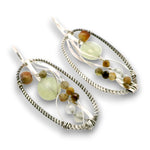 darkened sterling twist oval earrings with prehnite, chrysoprase, and green garnet gemstones on sterling silver wire with built in earring hooks