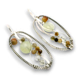 darkened sterling twist oval earrings with prehnite, chrysoprase, and green garnet gemstones on sterling silver wire with built in earring hooks