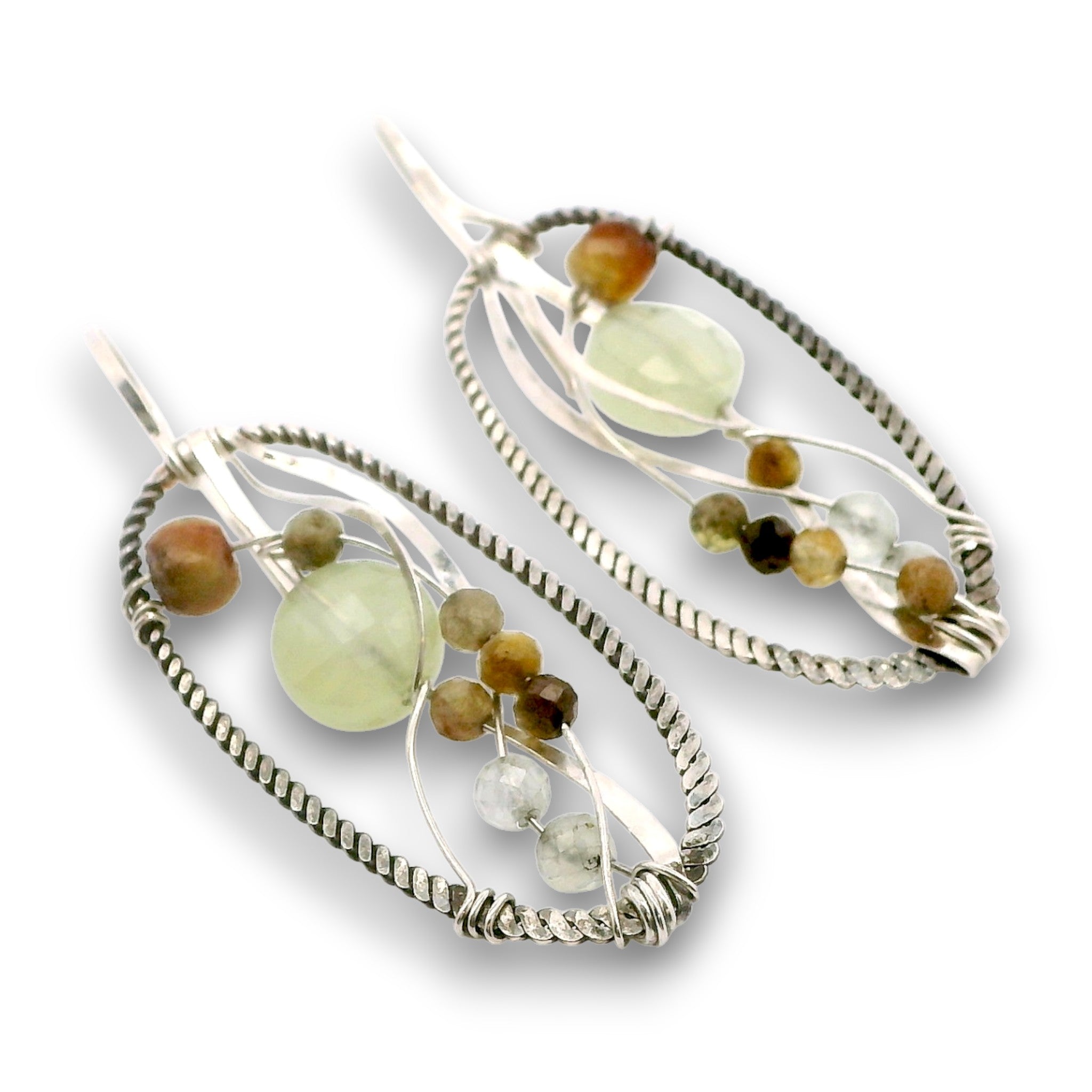 darkened sterling twist oval earrings with prehnite, chrysoprase, and green garnet gemstones on sterling silver wire with built in earring hooks