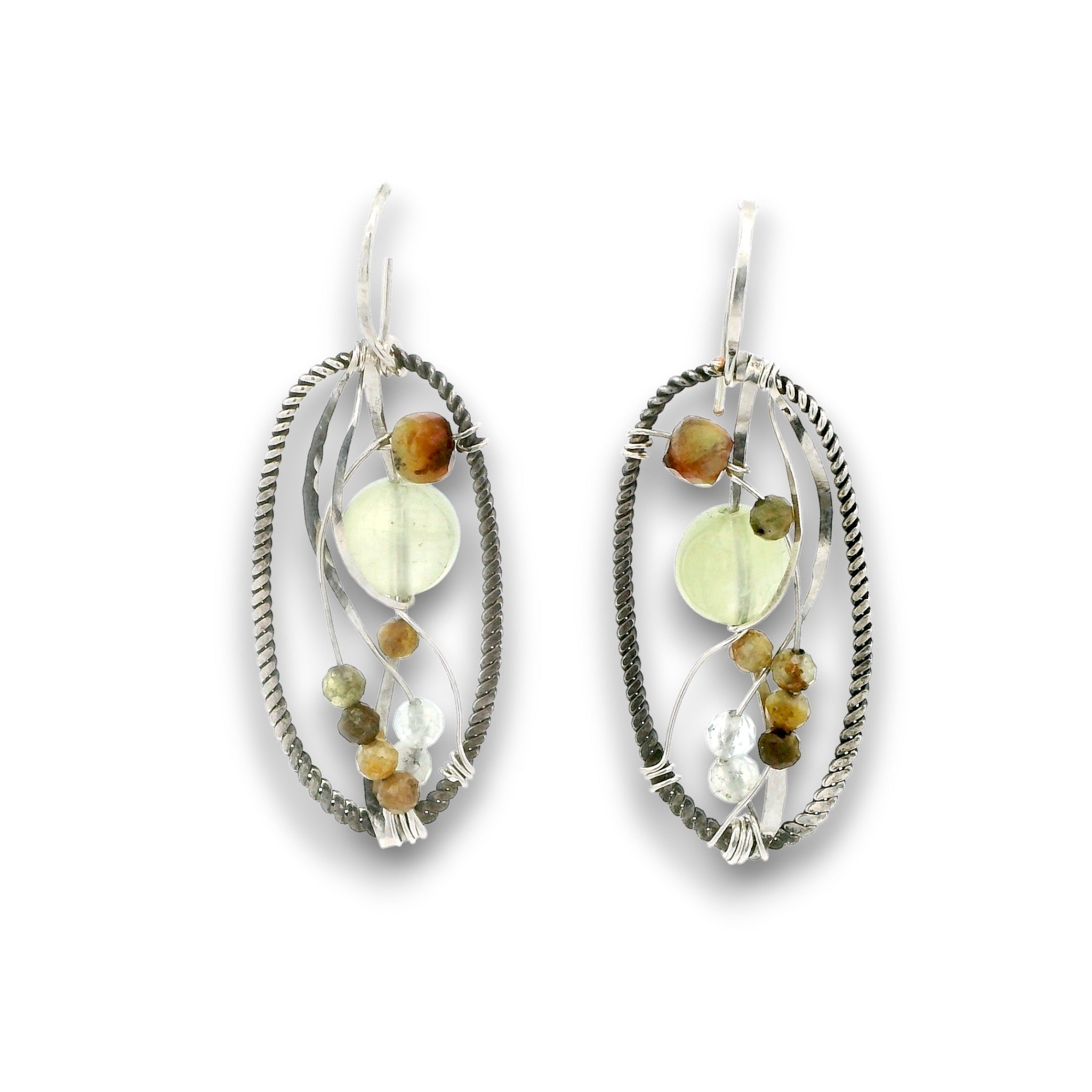 darkened sterling twist oval earrings with prehnite, chrysoprase, and green garnet gemstones on sterling silver wire with built in earring hooks