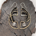 Brass hammered earrings line with dark olive cat's eye, black spinel, and quartz cube gemstones