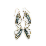 Pyrite gemstones and crystal on gold filled wire decorate brass interlocking frames to form a shooting star on gold filled earring hooks