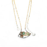 A dark sterling silver pendant necklace with gold-filled chain, featuring a turquoise drop, faceted green amethyst coin, and a golden sheen faceted moonstone in bronze wire