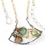 A dark sterling silver pendant necklace with gold-filled chain, featuring a turquoise drop, faceted green amethyst coin, and a golden sheen faceted moonstone in bronze wire