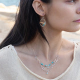 Sterling silver mini double hoop with turquoise gemstones and crystal on sterling silver wire with bronze and brass twist accents