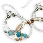 Sterling silver mini double hoop with turquoise gemstones and crystal on sterling silver wire with bronze and brass twist accents
